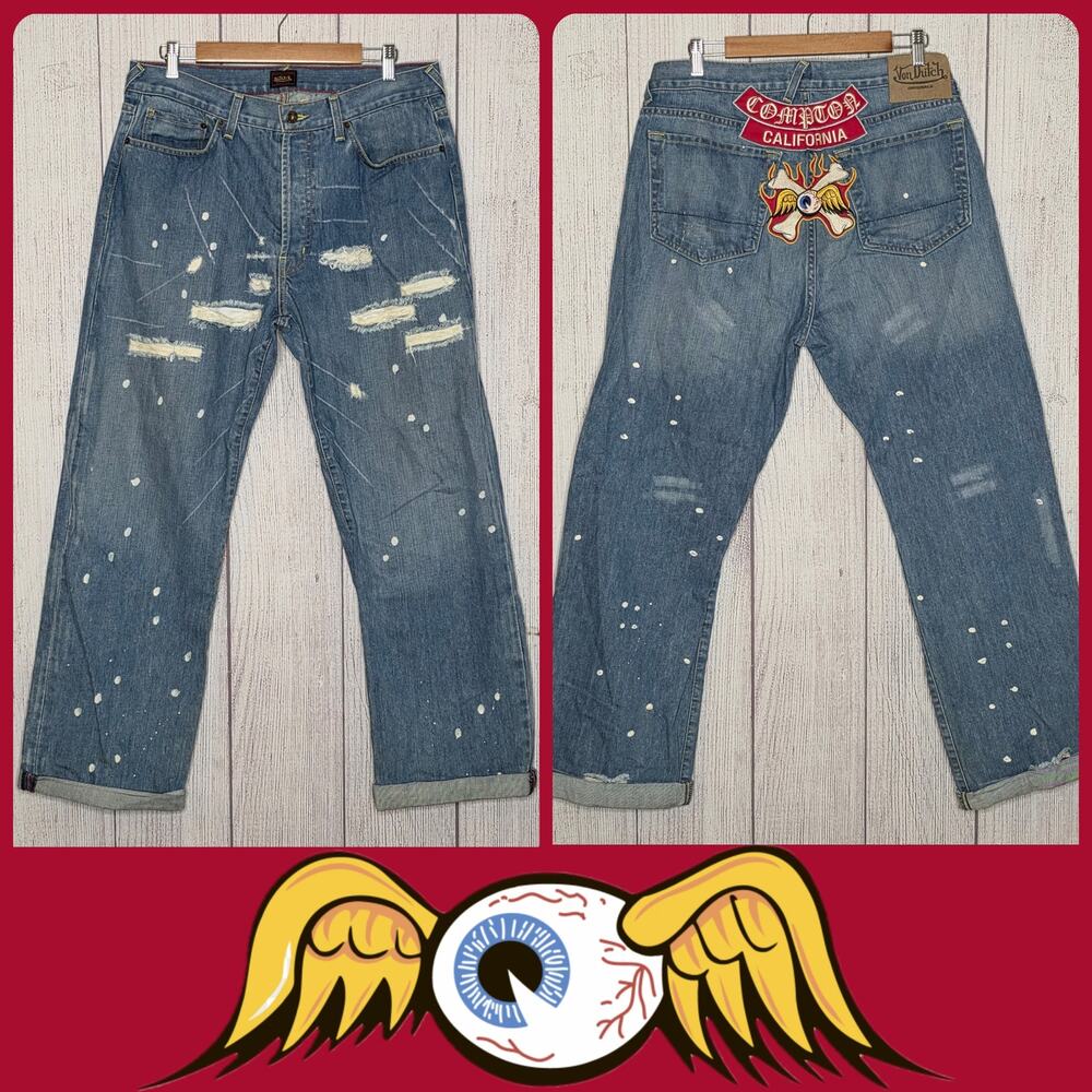 Y2K Von Dutch Compton Distressed Paint Splatter Jeans USA Made 34x32